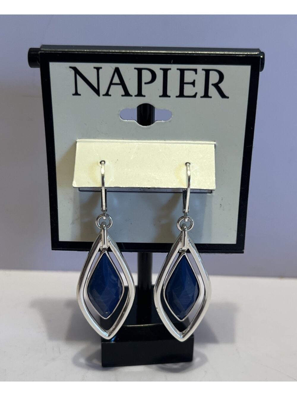 NWT NAPIER 2" Dangling Teardrop Blue Color silver Tone Leverback Earrings 54J